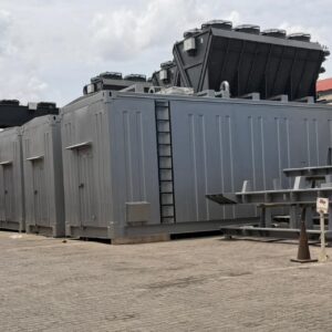Power transformer in industrial setting for energy distribution.